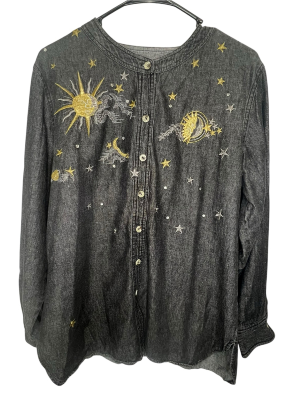 Quacker Factory Celestial Sun Stars Moon Embroidered Black Denim Button Up Shirt